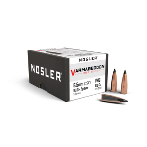 Nosler Varmageddon 6.5mm 90 grain flat base tipped varmint bullets box