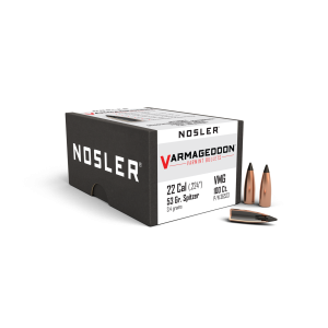 Nosler Varmageddon 22 caliber 53 grain flat base tipped varmint bullet box