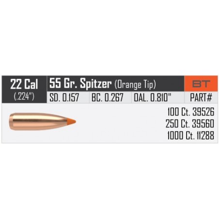 Nosler 55gr Ballistic Tip Varmint Bullets 22 Caliber  (250pack)
