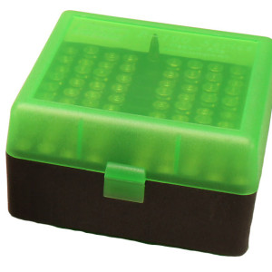 MTM Case-Gard RM-100 green plastic 100-round rifle ammo box with flip-top lid