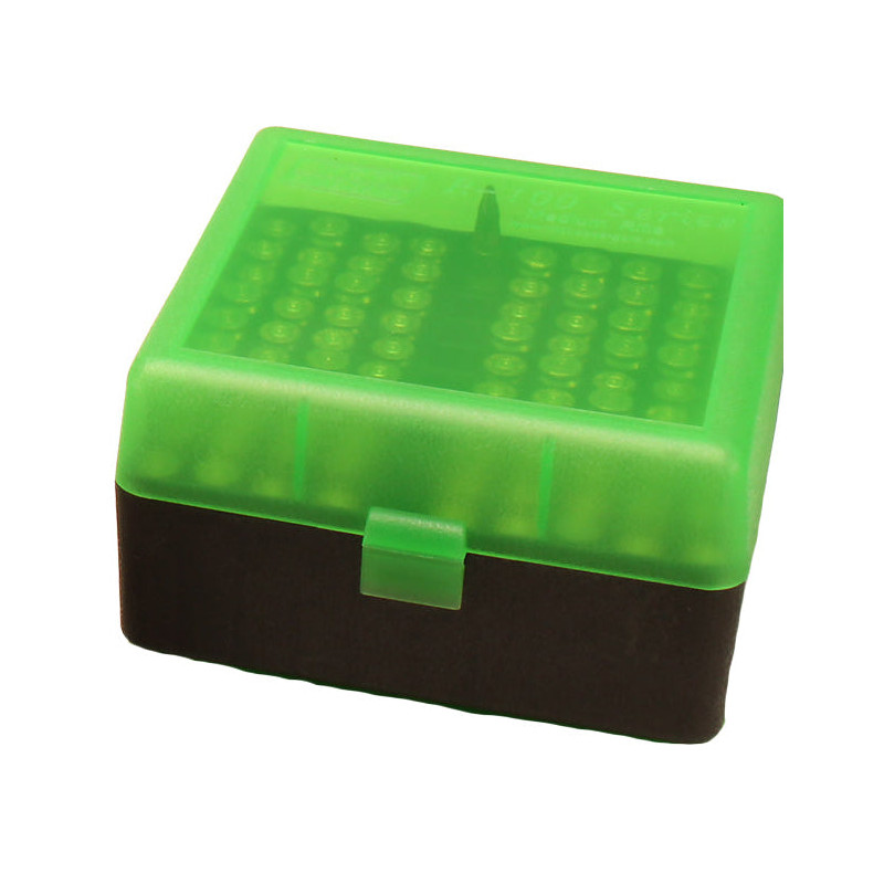 MTM Case-Gard RM-100 green plastic 100-round rifle ammo box with flip-top lid