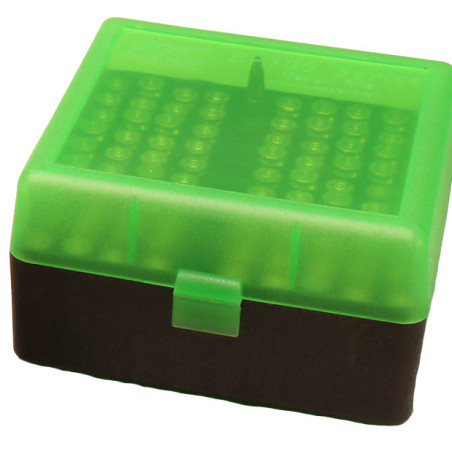 MTM Case-Gard RM-100 green plastic 100-round rifle ammo box with flip-top lid