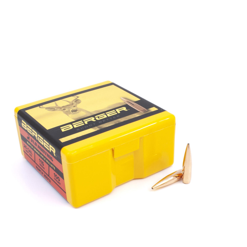 Berger 25 Caliber 115 Grain VLD Hunting rifle bullet box and projectile - 2
