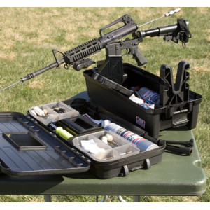 MTM black tactical range box with AR-15 magazine well fork and cleaning storage