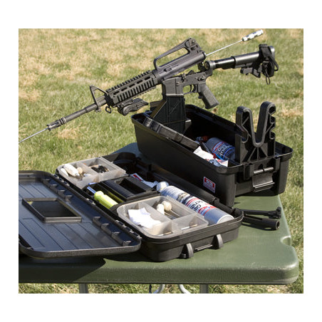 MTM black tactical range box with AR-15 magazine well fork and cleaning storage